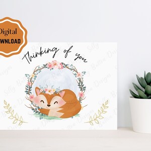 Fox Thinking of you card PDF and JPG Printable Instant Download 7x5 card + FREE pdf envelope template, Floral Design with Fox, Blank inside
