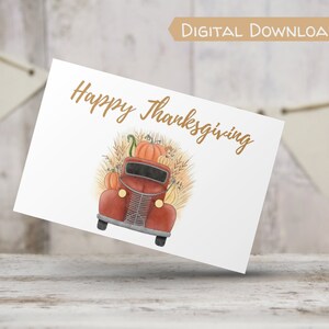 Carte d'automne automne Thanksgiving avec camion vintage, citrouilles, récolte, carte de voeux de vacances imprimable JPG 7 x 5 en téléchargement immédiat, blanc à l'intérieur
