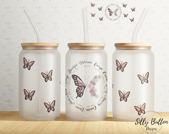 Bible Verses w Butterflies Strong Beautiful Enough 16 oz Libbey Glass Can Tumbler Sublimation Design Full Wrap Template PNG Digital Download