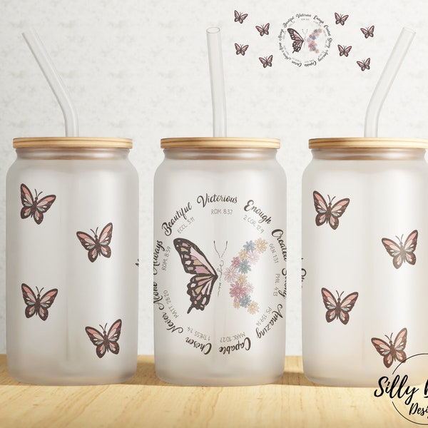 Bible Verses w Butterflies Strong Beautiful Enough 16 oz Libbey Glass Can Tumbler Sublimation Design Full Wrap Template PNG Digital Download