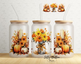 Fall Thanksgiving Mason Jar Flowers & Pumpkins 16oz Libbey Glass Can Tumbler Sublimation Design, Full Wrap Template, PNG Digital Download