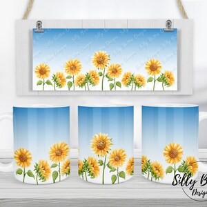 Girassóis com design de caneca de sublimação floral de céu azul, 11 onças (ou 12 onças) e 15 onças, modelo de caneca de envoltório completo, download digital PNG