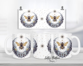 Gold and Blue Bees Celestial Floral Sublimation Mug Design, 11oz (or 12oz.) and 15oz, Full Wrap Mug Template, PNG Digital Download