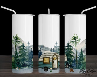 Camping Outdoor Mountain Scene with Camper Sublimation Skinny Straight Tumbler Design, 20 oz. Full Wrap Template, Digital Download