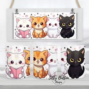 Katzen mit Herzen und Pfoten Süße Kawaii Kitty Kittens Sublimation Tassendesign 11oz (oder 12oz) und 15oz, Full Wrap Vorlage, PNG Digitaler Download