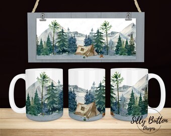 Pode incluir: Uma caneca de cerâmica branca com um desenho de aquarela de uma cena de montanha com uma barraca, árvores e neve. A caneca está sobre uma superfície de madeira.