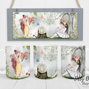 Mug à sublimation filles et animaux scène de forêt de conte de fées, 11 oz (ou 12 oz) et 15 oz, emballage complet, coupe PNG Téléchargement instantané