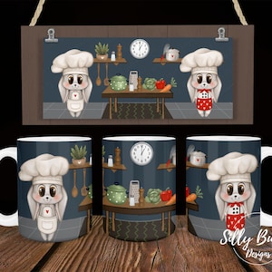 Chef Coelhinhos Cozinhando na Cozinha Design de Caneca de Sublimação, 11 onças (ou 12 onças) e 15 onças, Modelo de Copo de Envoltório Completo, Download Digital PNG