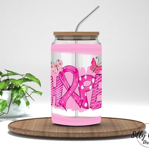 Sensibilisation à l'espoir avec le cancer du sein ruban rose avec coeurs 16 oz en verre Libbey, gobelet en sublimation, modèle d'emballage complet PNG en téléchargement numérique