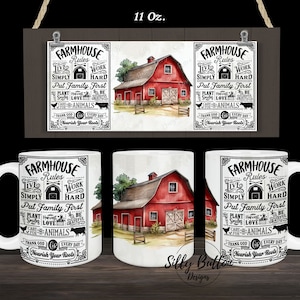 Boerderij regels rode schuur Godzijdank werk hard boerderij sublimatie mok ontwerp 11oz (of 12oz) en 15oz, volledige wrap sjabloon, PNG digitale download