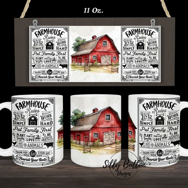 Règles de la ferme, grange rouge, merci, Dieu travaille dur, Mug à sublimation à la ferme, 11 oz (ou 12 oz) et 15 oz, modèle d'emballage complet, téléchargement numérique PNG