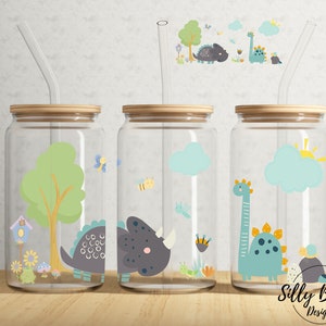 Cute Dinosaurs Scene Triceratops Brontosaurus 16oz Libbey Glass Can Tumbler Sublimation Design Full Wrap Template, PNG Digital Download