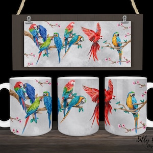 Macaw Parrots Colorful Birds in Trees Sublimation Mug Design, 11oz (or 12oz.) and 15oz, Full Wrap Cup Template, PNG Digital Download