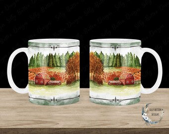 Farm with Green Boarder Farmhouse Scene Landscape Sublimation Mug Design, 11oz (or 12oz) & 15oz, Full Wrap Template, PNG Digital Download