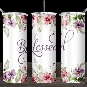 Gesegnet mit Blumen Lila Rosa Frühling Floral Glaube Sublimation Skinny Straight Tumbler Design, 20 oz. Vollständige Wrap Vorlage, digitaler Download
