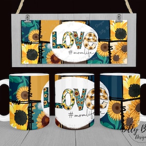 Peut inclure: Trois tasses en céramique blanche avec un motif patchwork représentant des tournesols et les mots "LOVE #momlife".