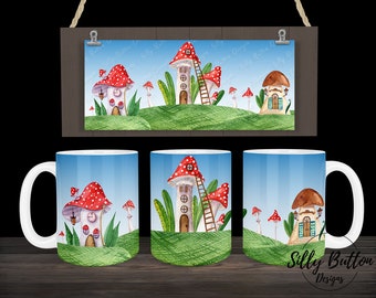Mushroom House Cottage Fairy Landscape Scene Sublimation Mug Design, 11oz (or 12oz.) & 15oz, Full Wrap Template, PNG Digital Download
