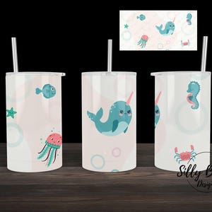 Vita marina sotto il mare Narvalo Polpo Pesce Carino Sublimazione Dritto Sippy Tazza Tumbler Design 12 oz. Full Wrap Template Download Digitale