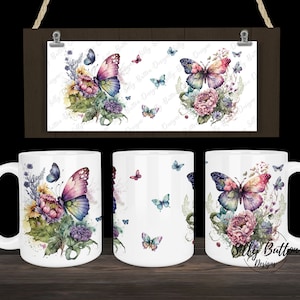 Frühlingsschmetterlinge mit Blumen Frühling Sublimationsbecher Design, 11 Unzen (oder 12 Unzen) und 15 Unzen, Full Wrap Becher Vorlage, PNG Digital Download