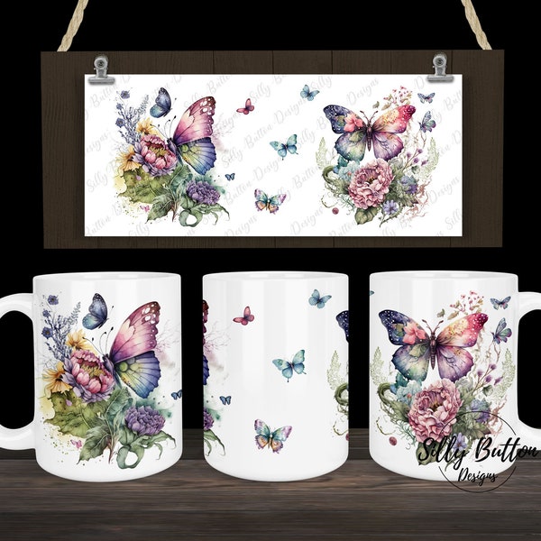 Spring Butterflies with Flowers Springtime Sublimation Mug Design, 11oz (or 12oz.) and 15oz, Full Wrap Mug Template, PNG Digital Download