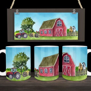 Farm Scene with Barn Horses Tractor Rooster Sublimation Mug Design, 11oz (or 12oz.) and 15oz, Full Wrap Cup Template, PNG Digital Download