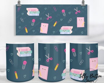 School Supplies Blue Pink Books Paper Pencils Sublimation Mug Design, 11oz (or 12oz.) and 15oz, Full Wrap Cup Template, PNG Digital Download
