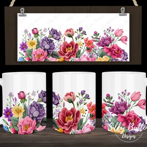 Design de tasse à sublimation florale fleurs de printemps violet rose jaune, 11 oz (ou 12 oz) et 15 oz, modèle de tasse à emballage complet, téléchargement numérique PNG