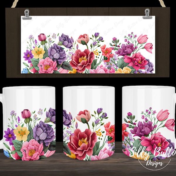 Lente bloemen paars roze geel bloemen sublimatie mok ontwerp, 11oz (of 12oz.) en 15oz, volledige wrap mok sjabloon, PNG digitale download