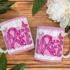 Design della tazza per sublimazione HOPE con nastro rosa per cancro al seno, file PNG e JPG da 11 once (o 12 once), modello a 2 lati avvolgente completo, download digitale della tazza