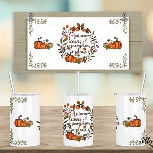 Otoño Hojas de otoño Calabazas Por favor sublimación floral Diseño de vaso de taza recta para sorber 12 oz. Descarga digital de la plantilla de envoltura completa para niños