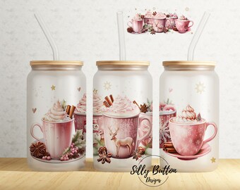 Christmas Pink Latte Coffee Drinks Winter Reindeer 16 oz Libbey Glass Can Tumbler Sublimation Design Full Wrap Template PNG Digital Download