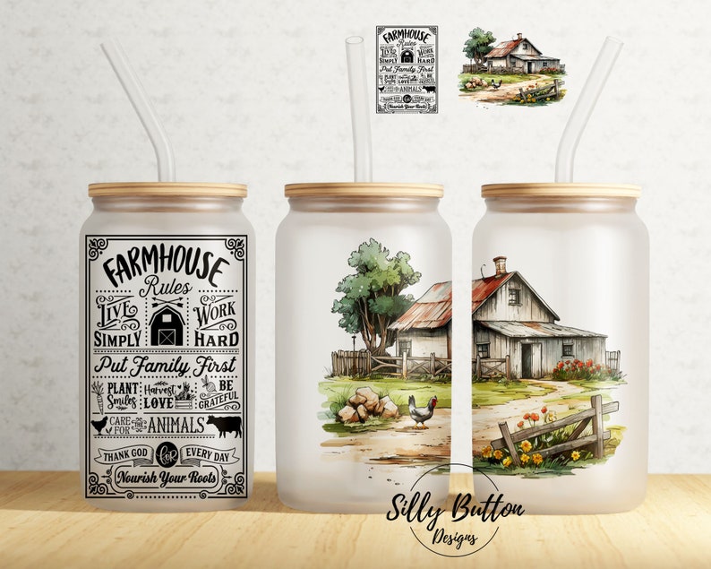 Farmhouse Rules Work Hard Thank God Farm Faith 16 oz Libbey Glass Can Tumbler Sublimation Design, Full Wrap Template PNG Digital Download