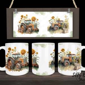 Orange Vintage Tractors with Sunflowers Farm Sublimation Mug Design 11oz (or 12oz) and 15oz, Full Wrap Mug Template, PNG Digital Download