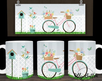 Bike and Spring Flowers with Birdhouse Scene Sublimation Mug Design, 11oz (or 12oz.) and 15oz, Full Wrap Mug Template, PNG Digital Download