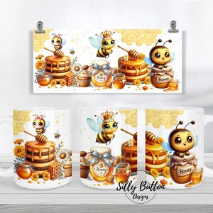 May include: Two white ceramic mugs with a design of a cartoon bee with a crown on its head, sitting on a honey pot and a honey cake. The bee is holding a honey dipper. The mugs are surrounded by a honeycomb pattern and flowers. The text "Silly Button Designs" is printed on the bottom of the mugs.
