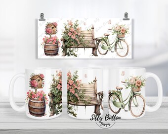 Spring Scene with Bike Bench and Flowers Sublimation Mug Design, 11oz (or 12oz) and 15oz, Full Wrap Mug Template, PNG Digital Download