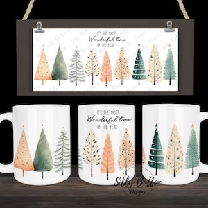 Winter kerstbomen mooiste tijd van het jaar sublimatie mok ontwerp, 11oz (of 12oz) en 15oz volledige wrap mok sjabloon, digitale download