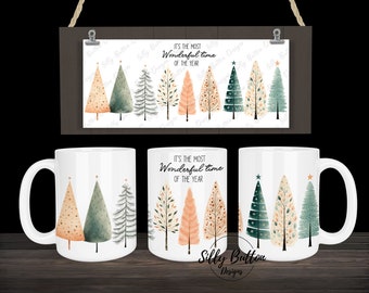 Árboles de Navidad de invierno Diseño de taza de sublimación de la época más maravillosa del año, plantilla de taza de envoltura completa de 11 oz (o 12 oz) y 15 oz, descarga digital