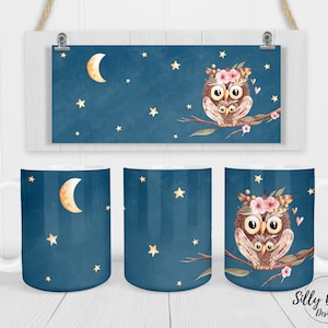 Hibou et ciel bleu ciel avec lune et étoiles Mug sublimation mignon 11 oz (ou 12 oz) et 15 oz, modèle d'emballage complet, téléchargement numérique PNG
