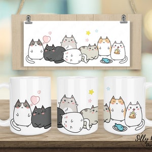 Kawaii Art Katzen Herzen Sterne süße Kitty Kätzchen Sublimationstasse Design 11 Unze (oder 12 Unze) und 15 Unze, Full Wrap Vorlage, PNG Digital Download