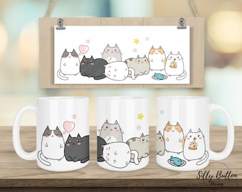 Kawaii Style Cats Hearts Stars Cute Kitty Kittens Sublimation Mug Design 11oz (or 12oz) and 15oz, Full Wrap Template, PNG Digital Download