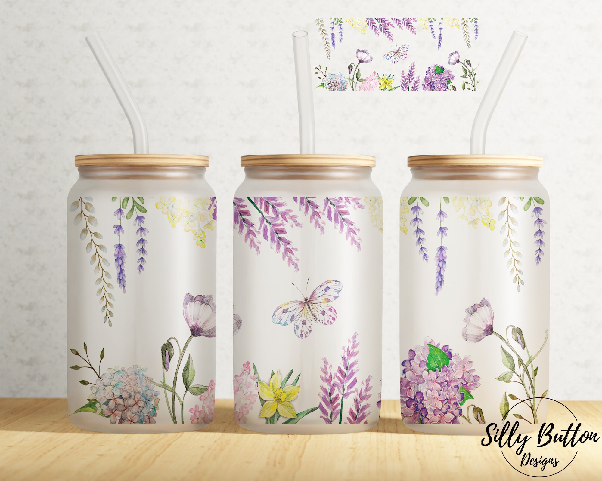 Spring Flowers With Butterfly Floral Purple Pink 16 Oz Libbey Glass Can ...