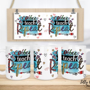 Diseño de taza de sublimación de maestro de escuela de repetición de café, 11 oz (o 12 oz.) y 15 oz, plantilla de envoltura completa, descarga digital PNG