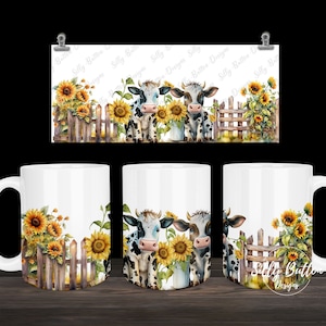 Cows behind Fence with Sunflowers Farm Scene Sublimation Mug Design 11oz (or 12oz) and 15oz, Full Wrap Template, PNG Digital Download