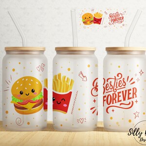 Besties Forever Hambúrguer Batata Frita Fast Food w Faces 16 oz Libbey Glass Can Tumbler Design de Sublimação, Modelo de Envoltório Completo Download digital PNG