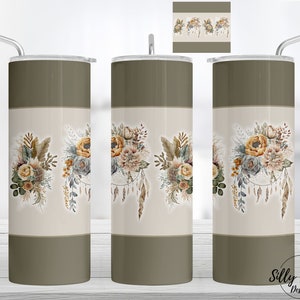 Boho Tan Brown Dreamcatcher Flowers Springtime Sublimation Skinny Straight Tumbler Design, 20 oz. Full Wrap Template, Digital Download