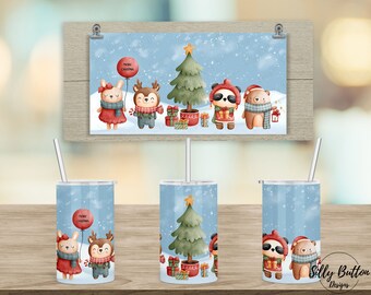 Merry Christmas Cartoon Style Rabbit Deer Sublimation Straight Sippy Cup Tumbler Design 12 oz. Kid's Full Wrap PNG Template Digital Download