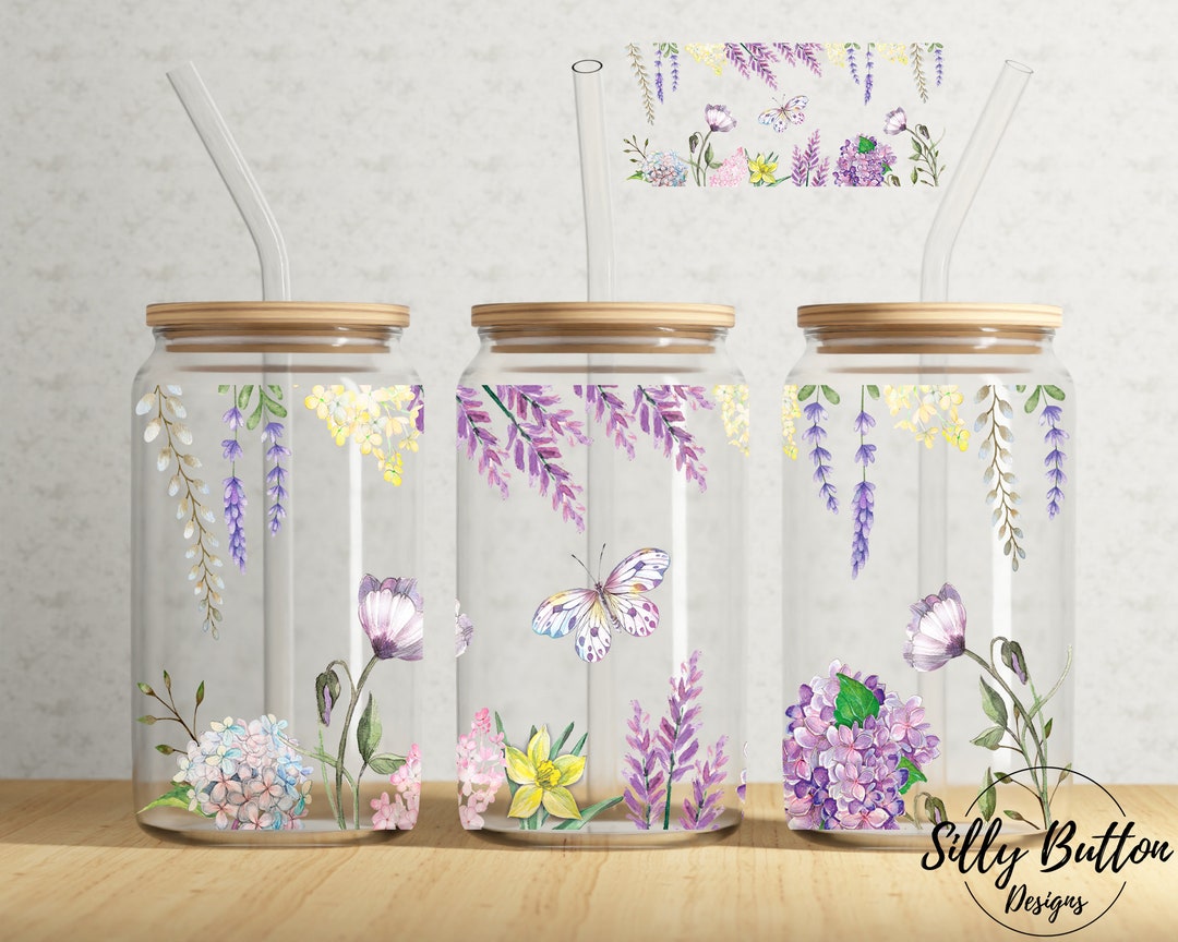 Spring Flowers With Butterfly Floral Purple Pink 16 Oz Libbey Glass Can ...