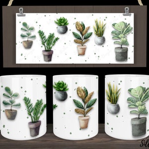 Plantas en macetas Cactus Floral Botánico Verde Cactus Sublimación Taza Diseño 11oz (o 12oz) y 15oz, Plantilla de envoltura completa, Descarga digital PNG