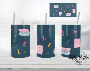 School Supplies Books Paper Pencil Blue Pink Sublimation Straight Sippy Cup Tumbler Design 12 oz. Kid's Full Wrap Template, Digital Download